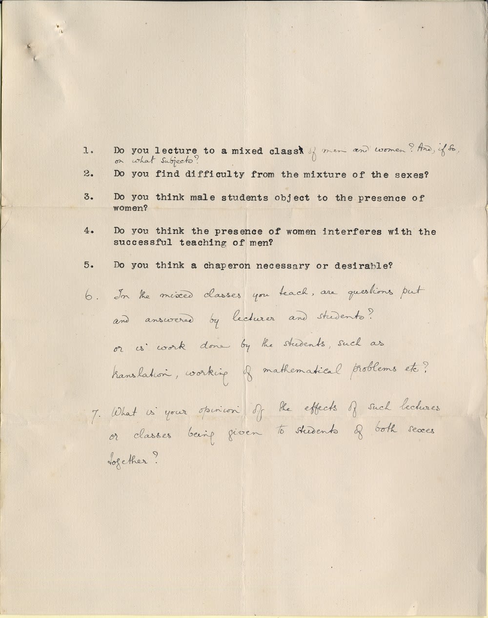 Typed and handwritten page of 6 questions about teaching women and men