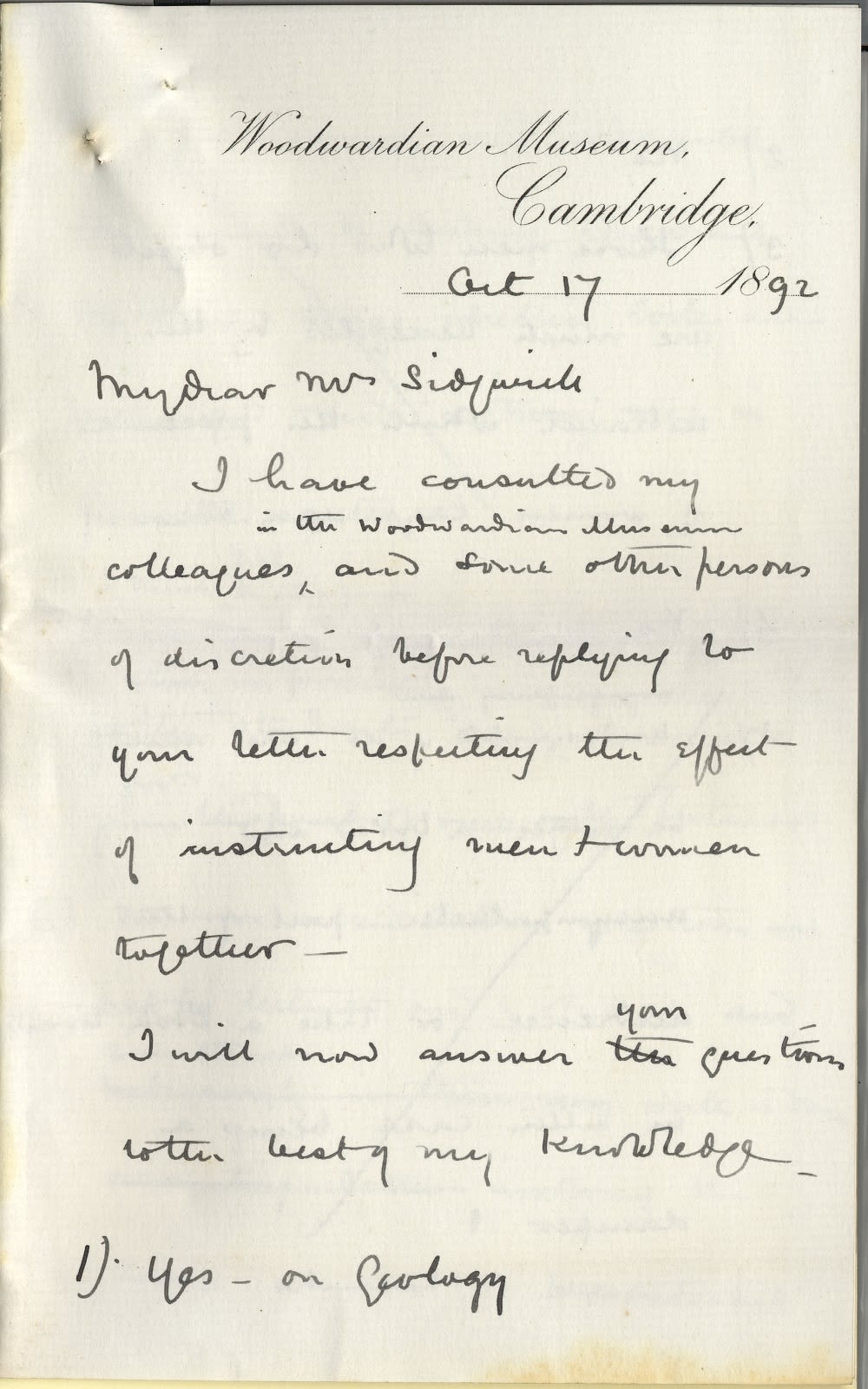 First page of a handwritten letter, with corrections. The paper is headed notepaper from the Woodwardian Museum.