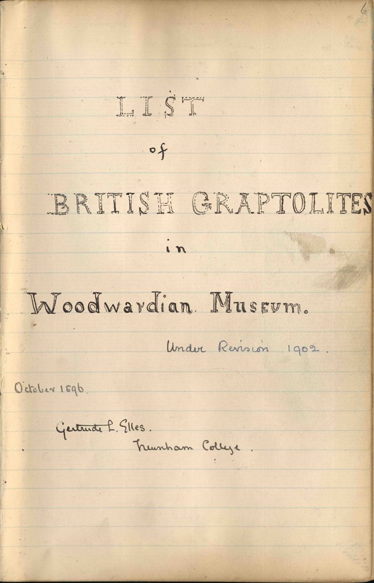 Handwritten front page of a catalogue of fossil specimens. The page is signed by the author.