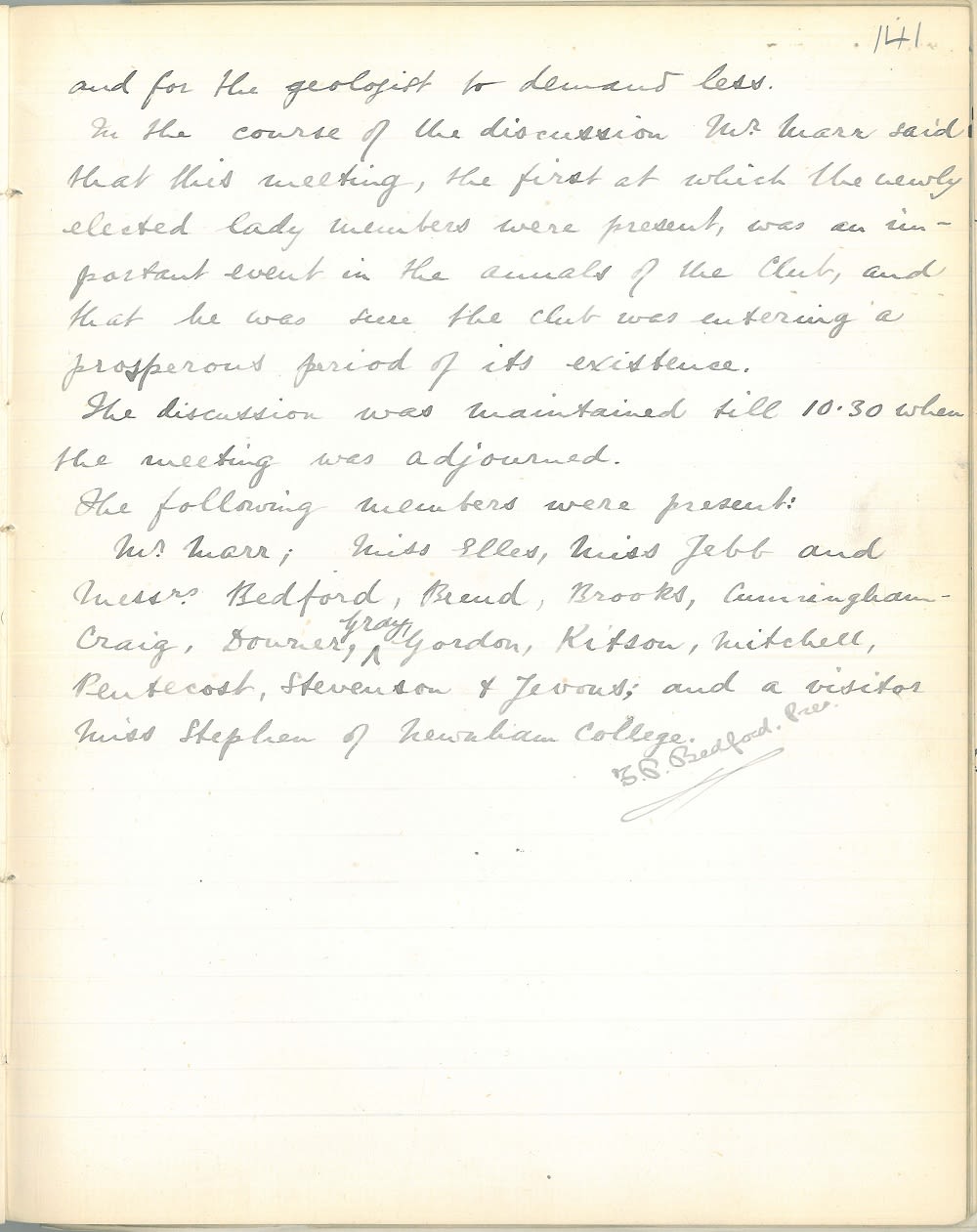 Handwritten page in a bound minute book, signed by the author.