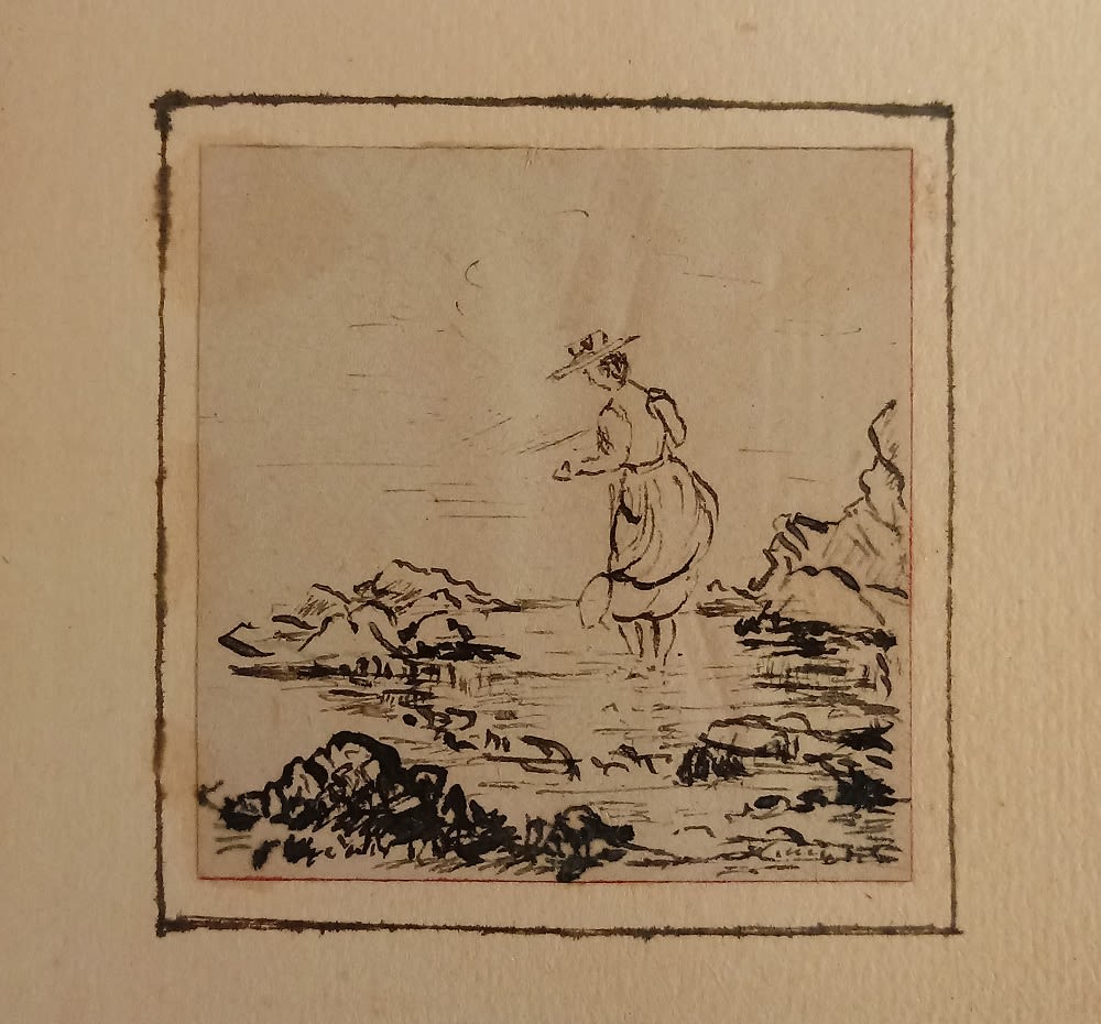 Ink sketch of female student standing in the shore. She is wearing a dress and hat. There are rocks around here. 