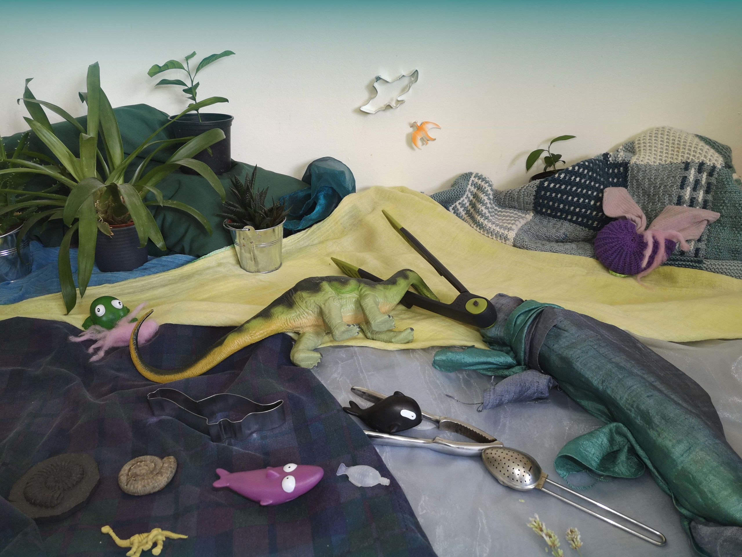 Duria Antiquior recreated using household objects including pot plants, kitchen utensils, bath toys and fabric