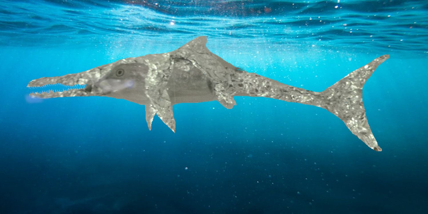 An ichthyosaur created using tinfoil with a digital undersea background