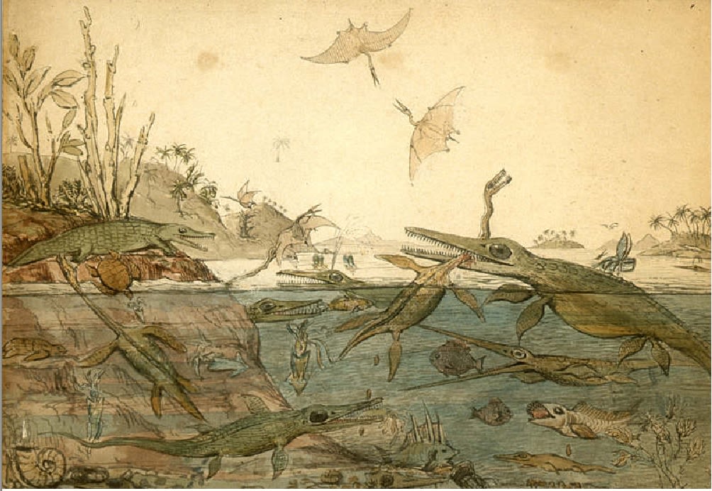 Duria Antiquior – A more Ancient Dorset is a watercolour painted in 1830 by Henry De la Beche, based on fossils found by Mary Anning 