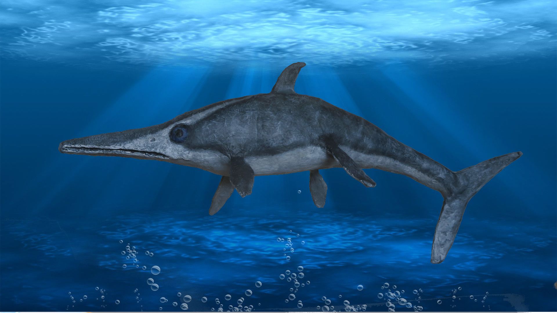 A grey and blue papier mache ichthyosaur with a digital undersea background